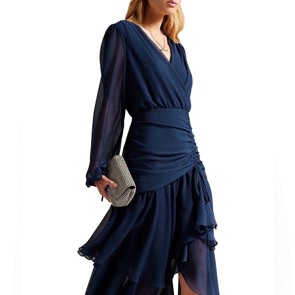 NWT Ted Baker Women’s Kiali Long Sleeves Navy Blue Chiffon Ruched Midi Dress - Picture 3 of 4